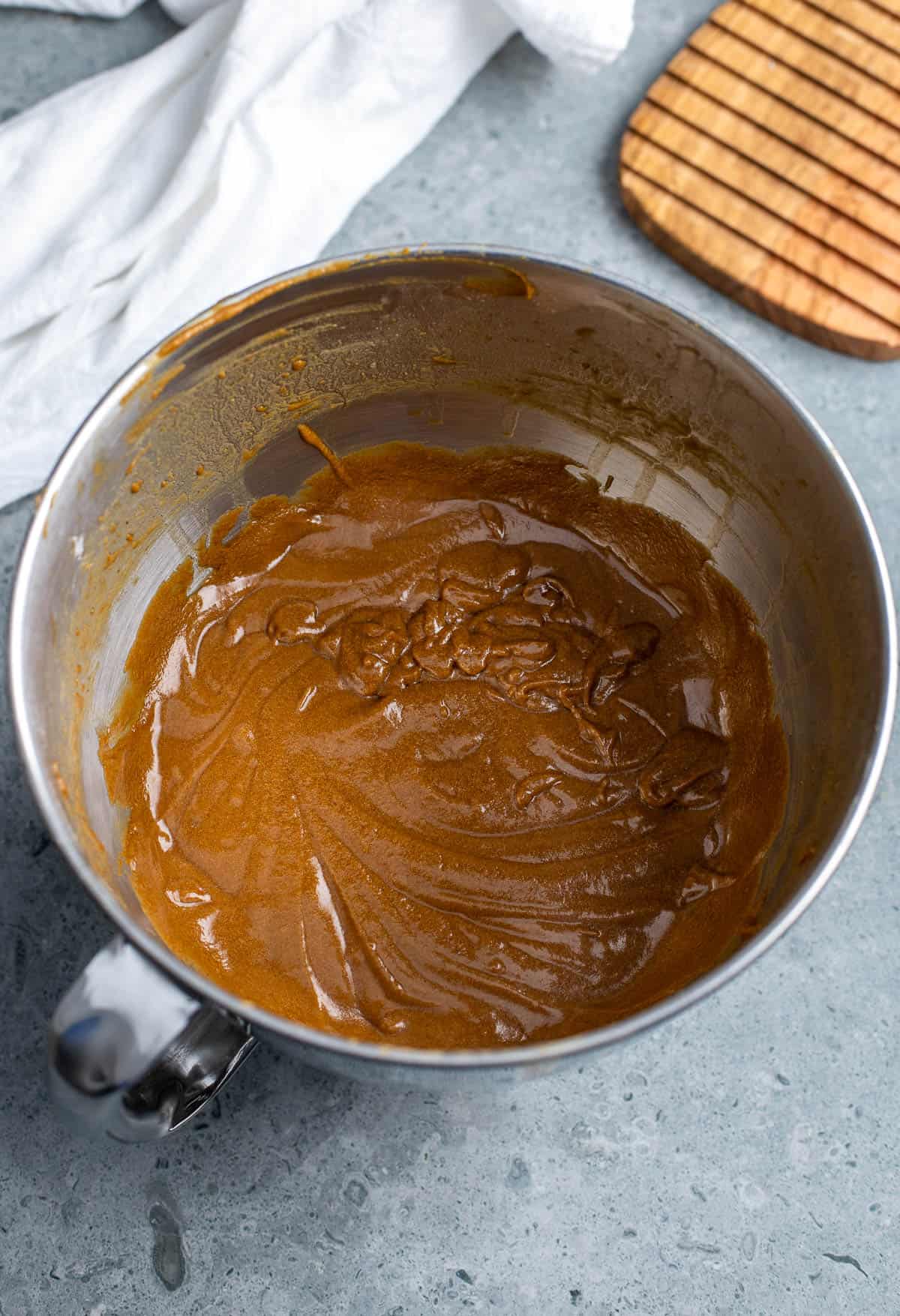 The gingerbread batter in a stand mixer bowl.