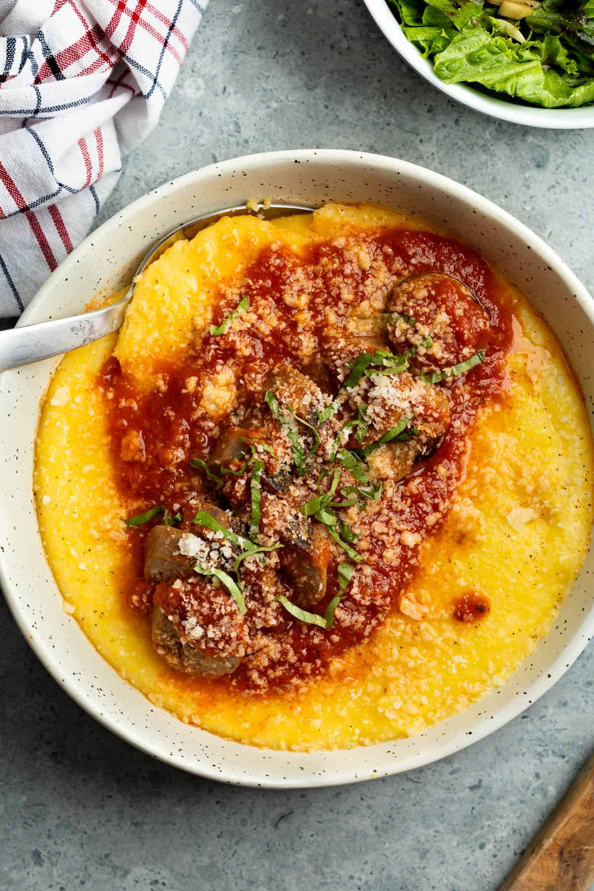 Italian sausage served with marinara and polenta.