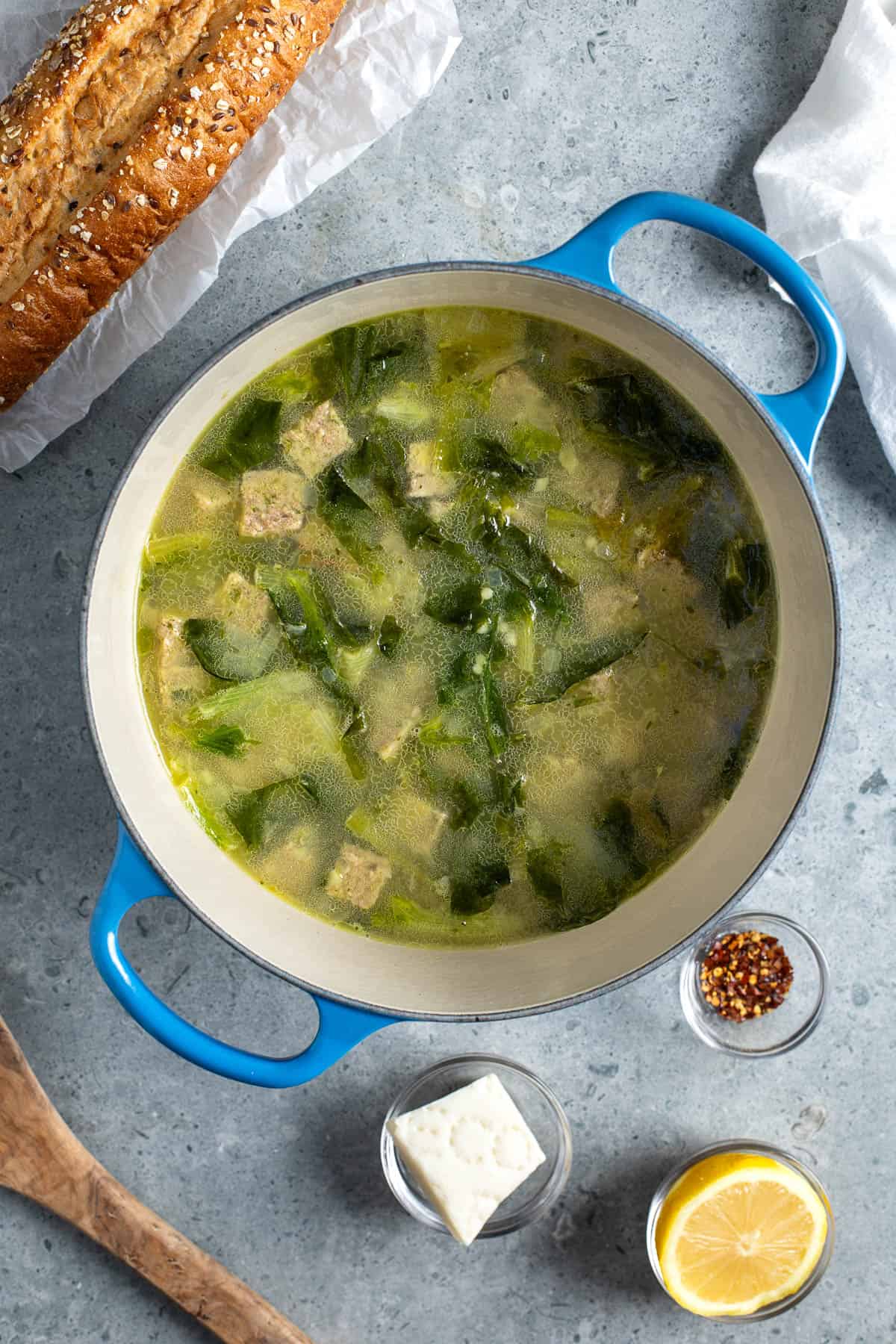 The finished soup in a round Dutch oven.