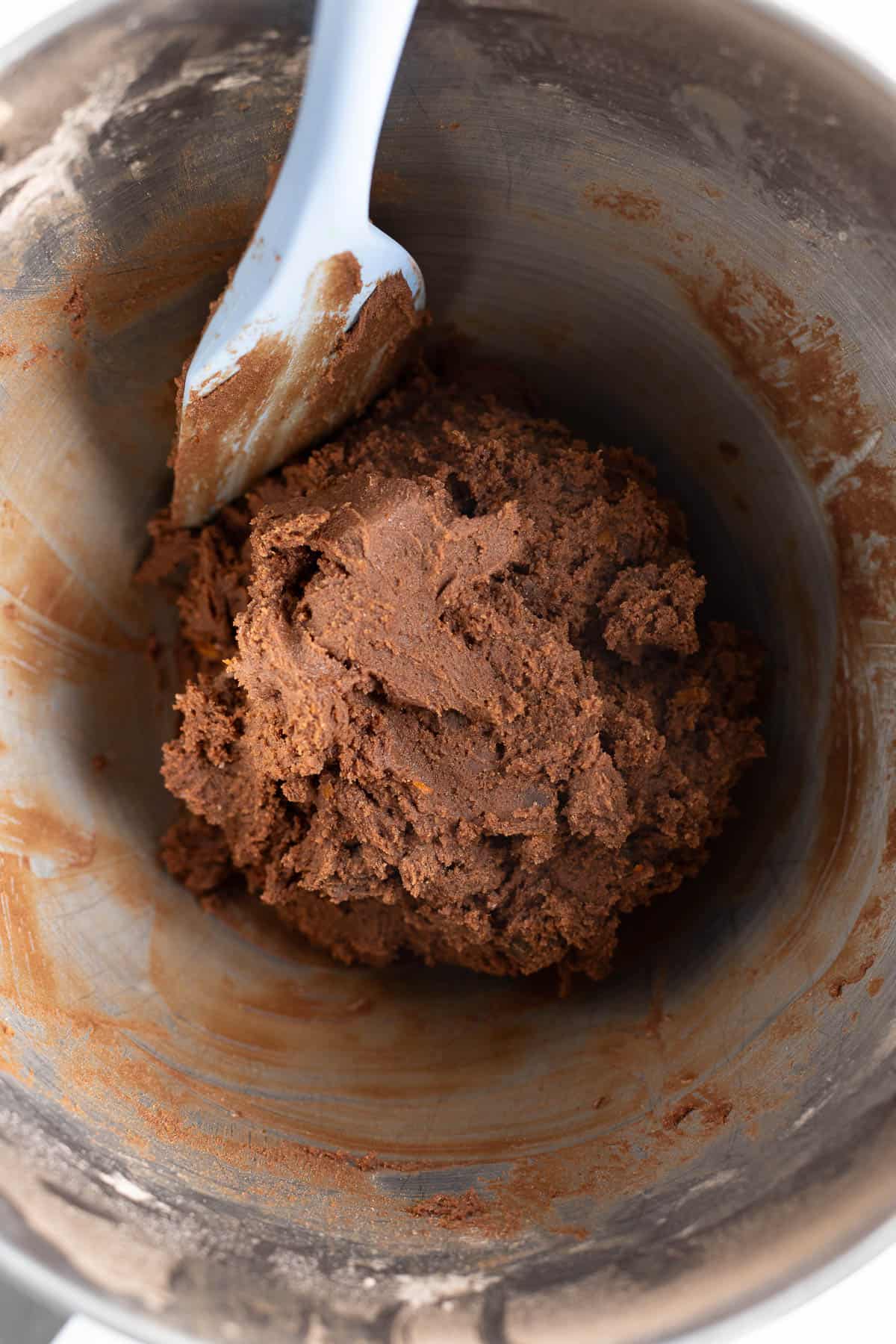 The cookie dough in a mixing bowl ready to chill.