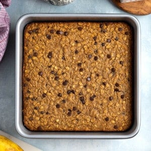 A square baking dish of peanut butter baked oatmeal.