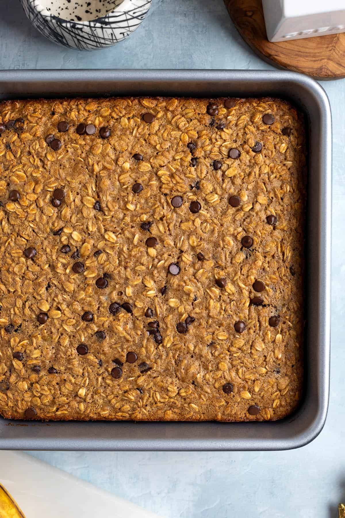 The oatmeal baked in a pan before slicing.