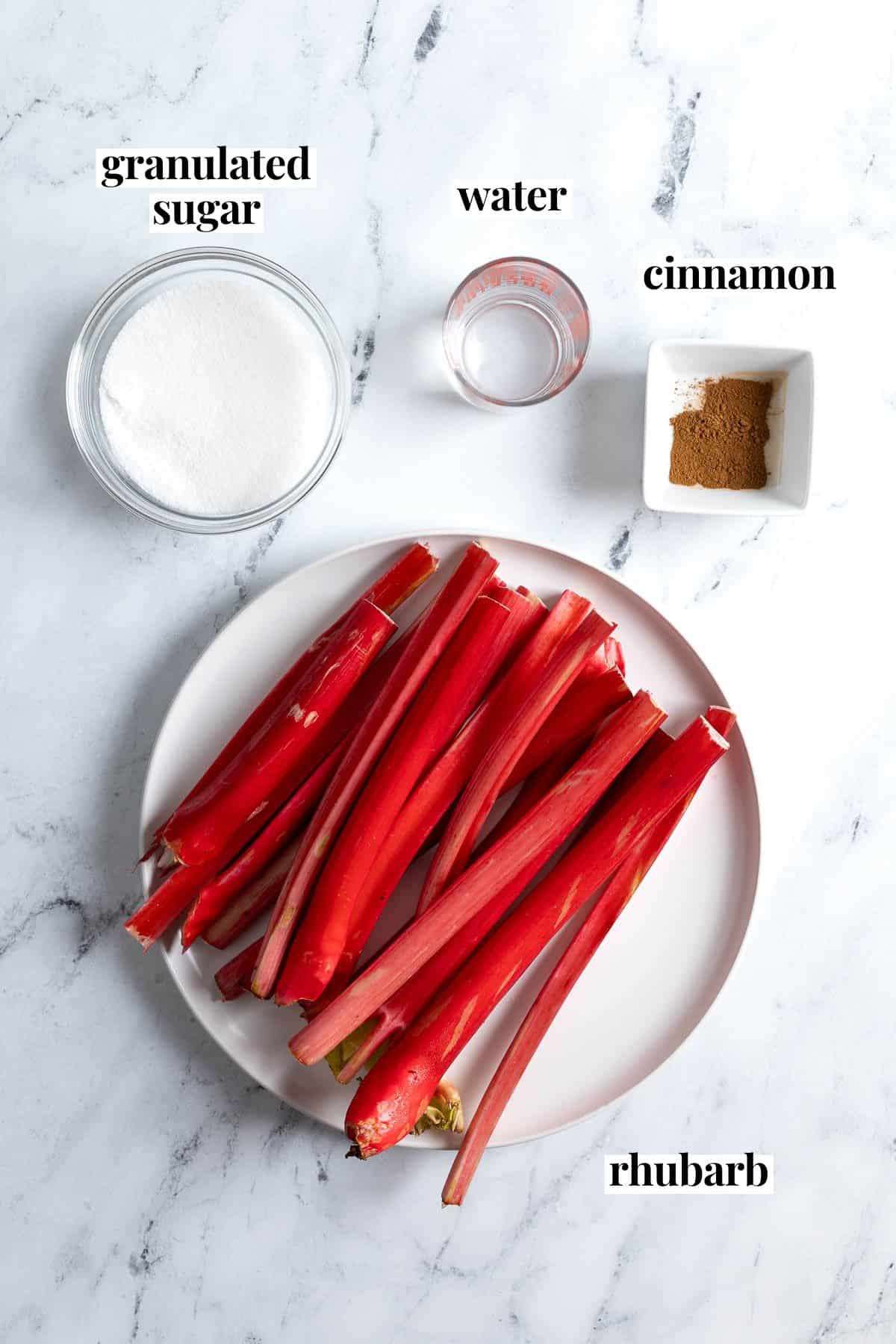 Text labeled ingredients: granulated sugar, water, cinnamon, and rhubarb.