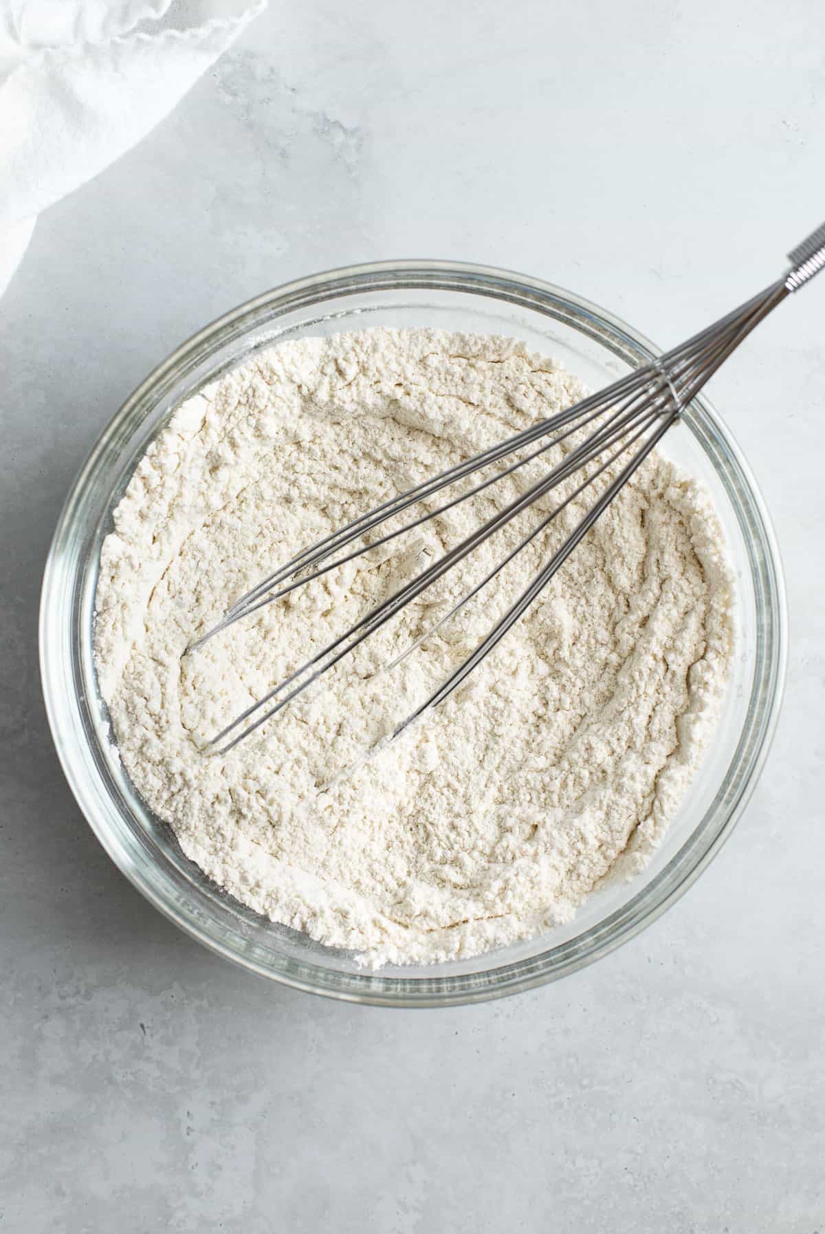 The dry ingredients whisked together in a bowl.