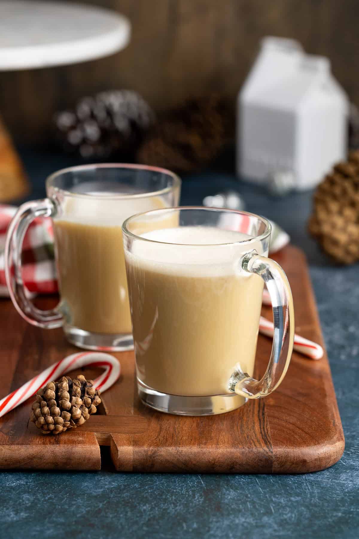 Two peppermint tea lattes with foamed milk.
