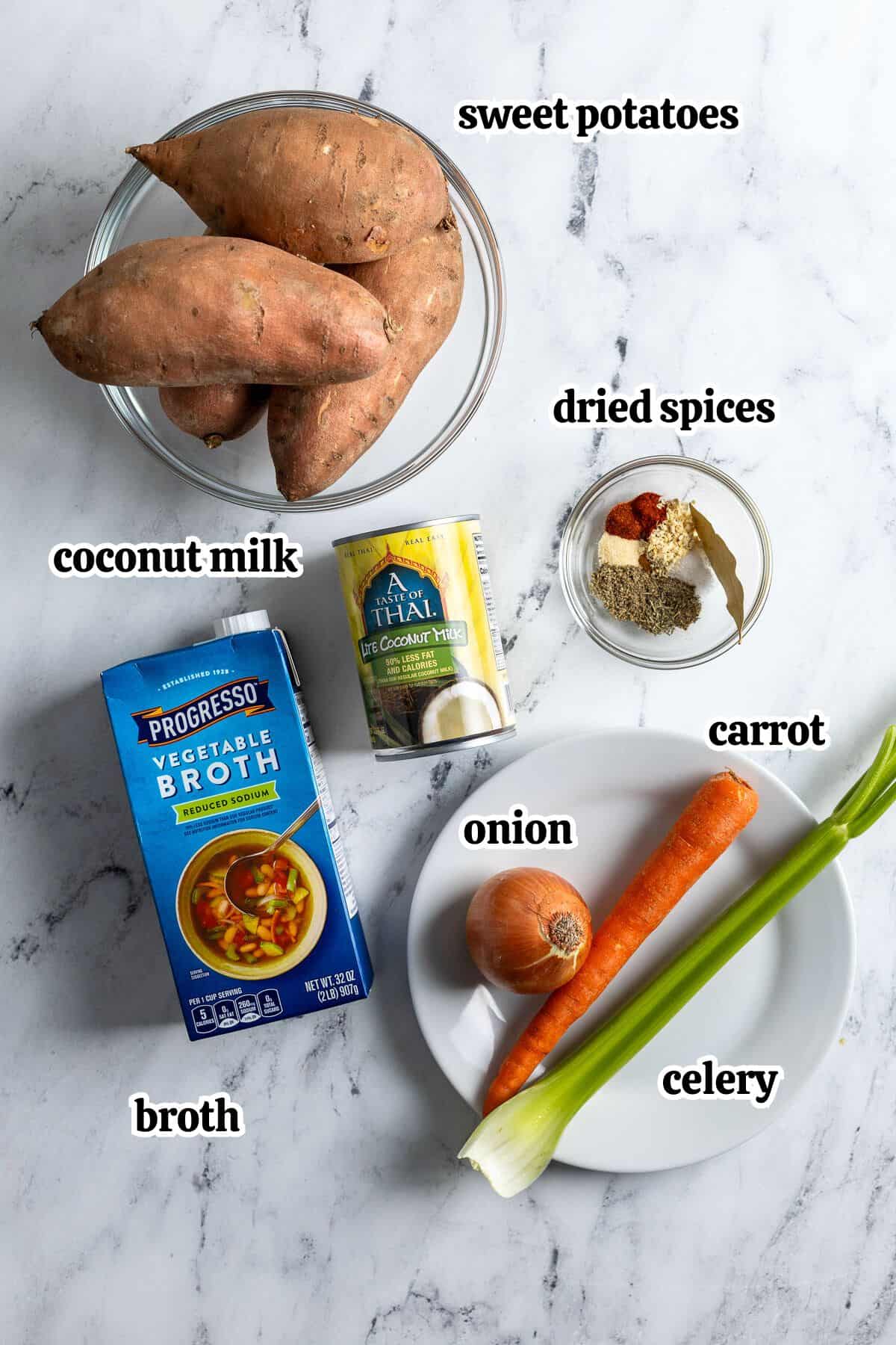 Text-labeled soup ingredients in separate containers.