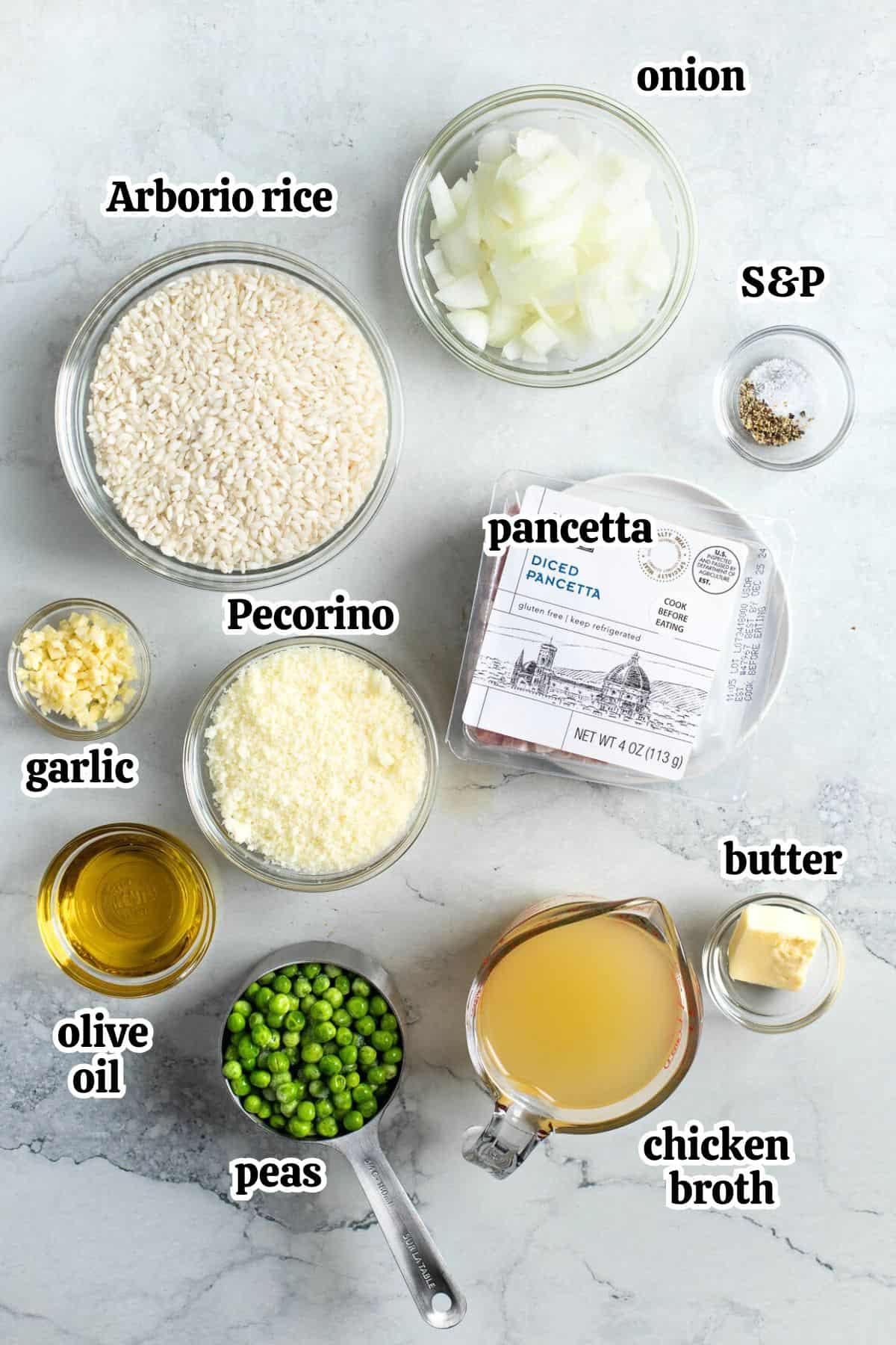 Text-labeled baked risotto ingredients in separate bowls and containers.