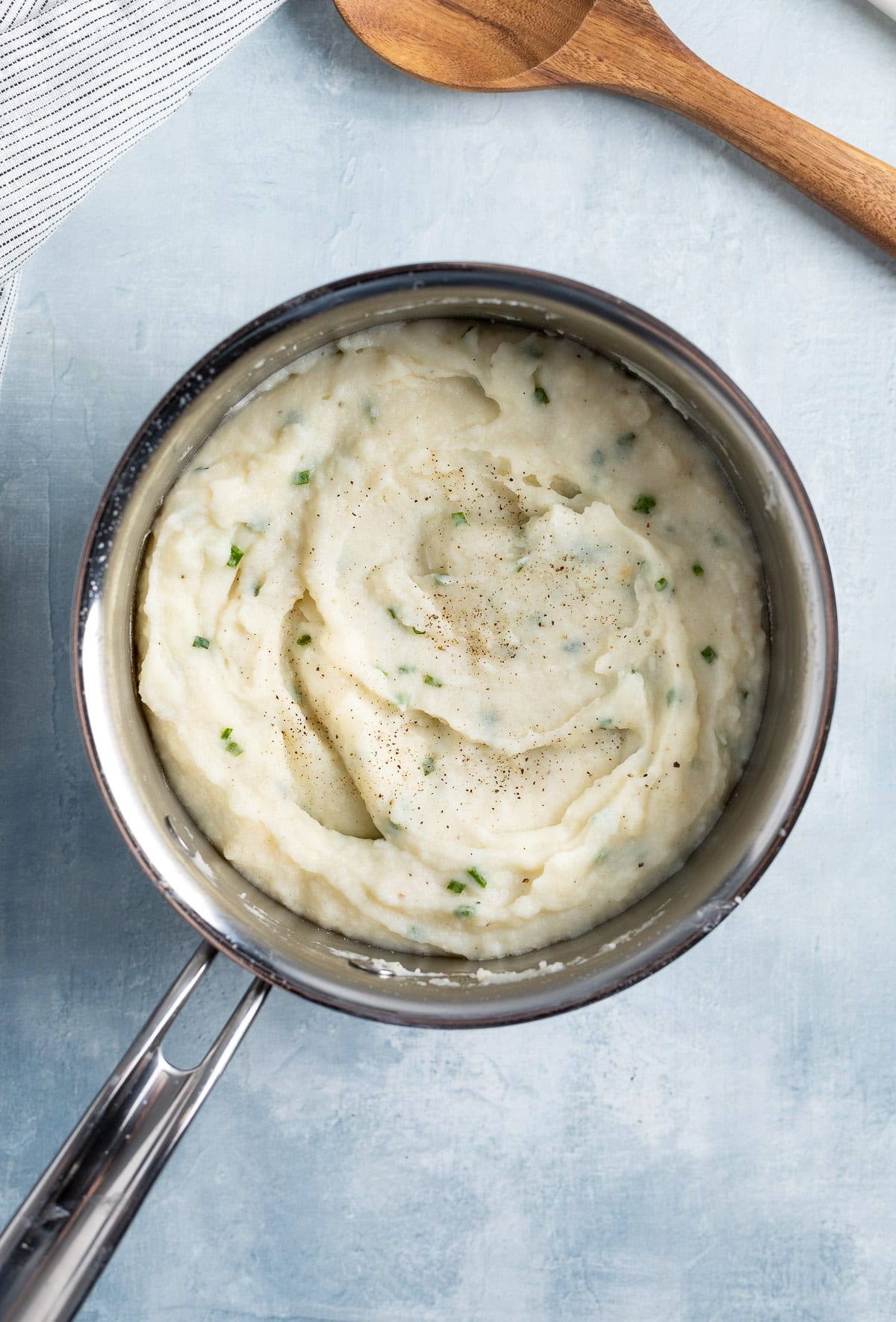 Thickened instant mashed potatoes in a pan.