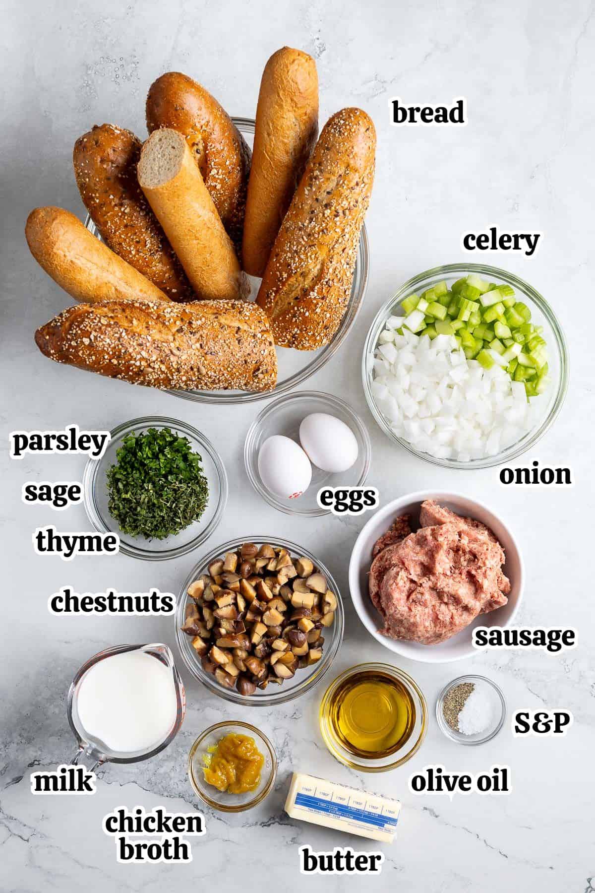 Text-labeled chestnut stuffing ingredients in separate bowls.