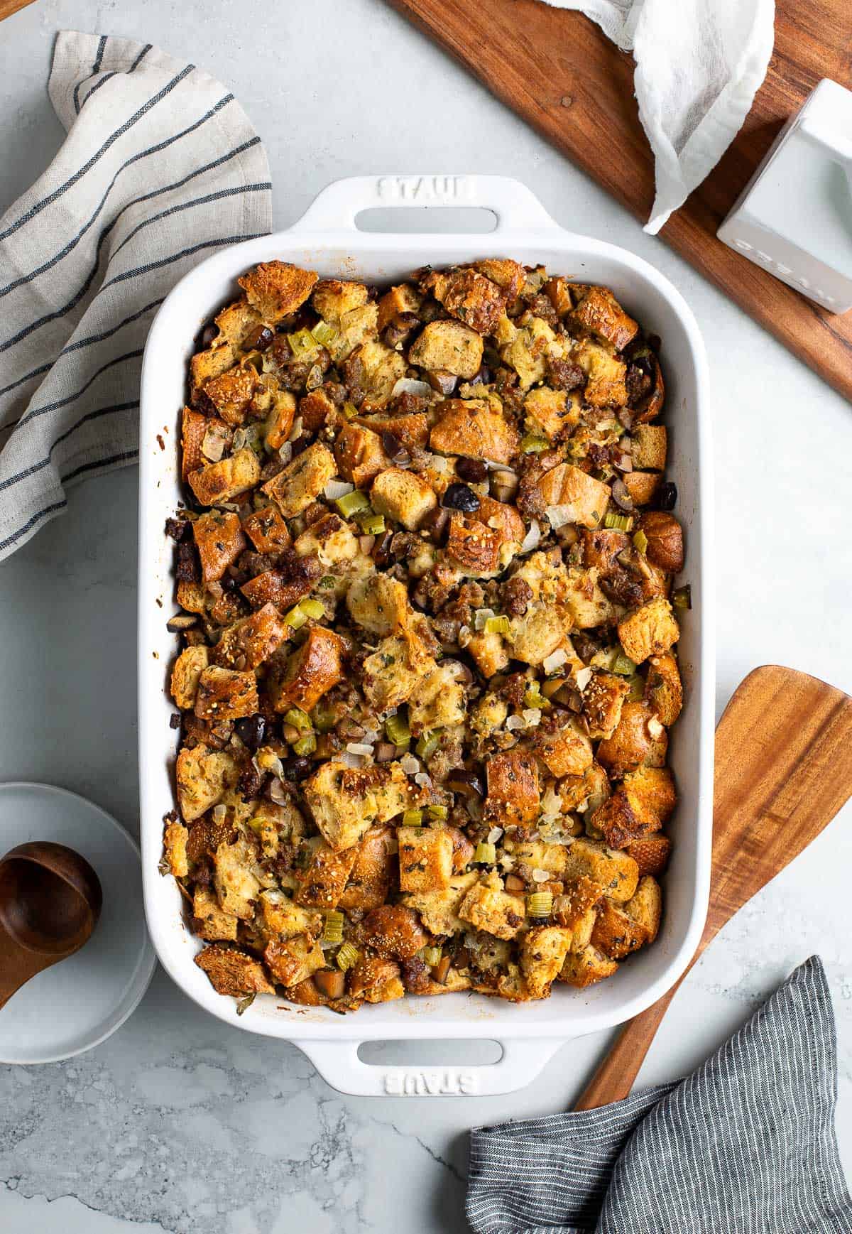 Baked chestnut stuffing in a large rectangular baking dish.
