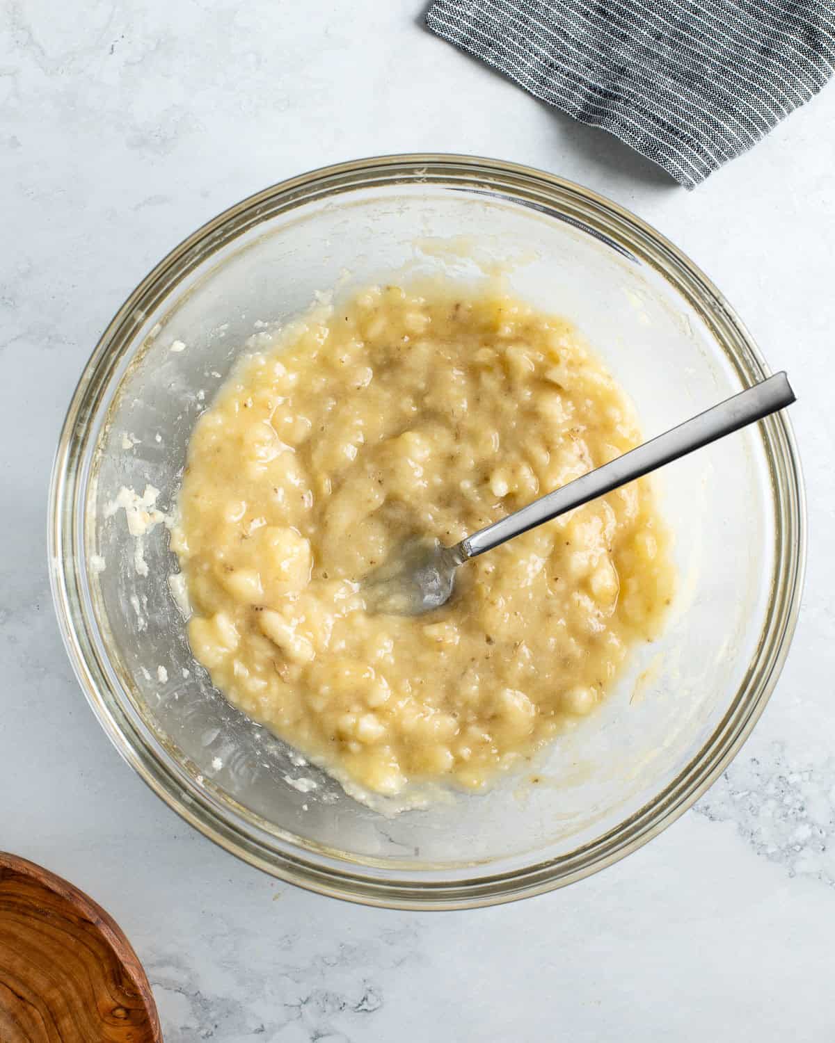 Mashed banana in a bowl.