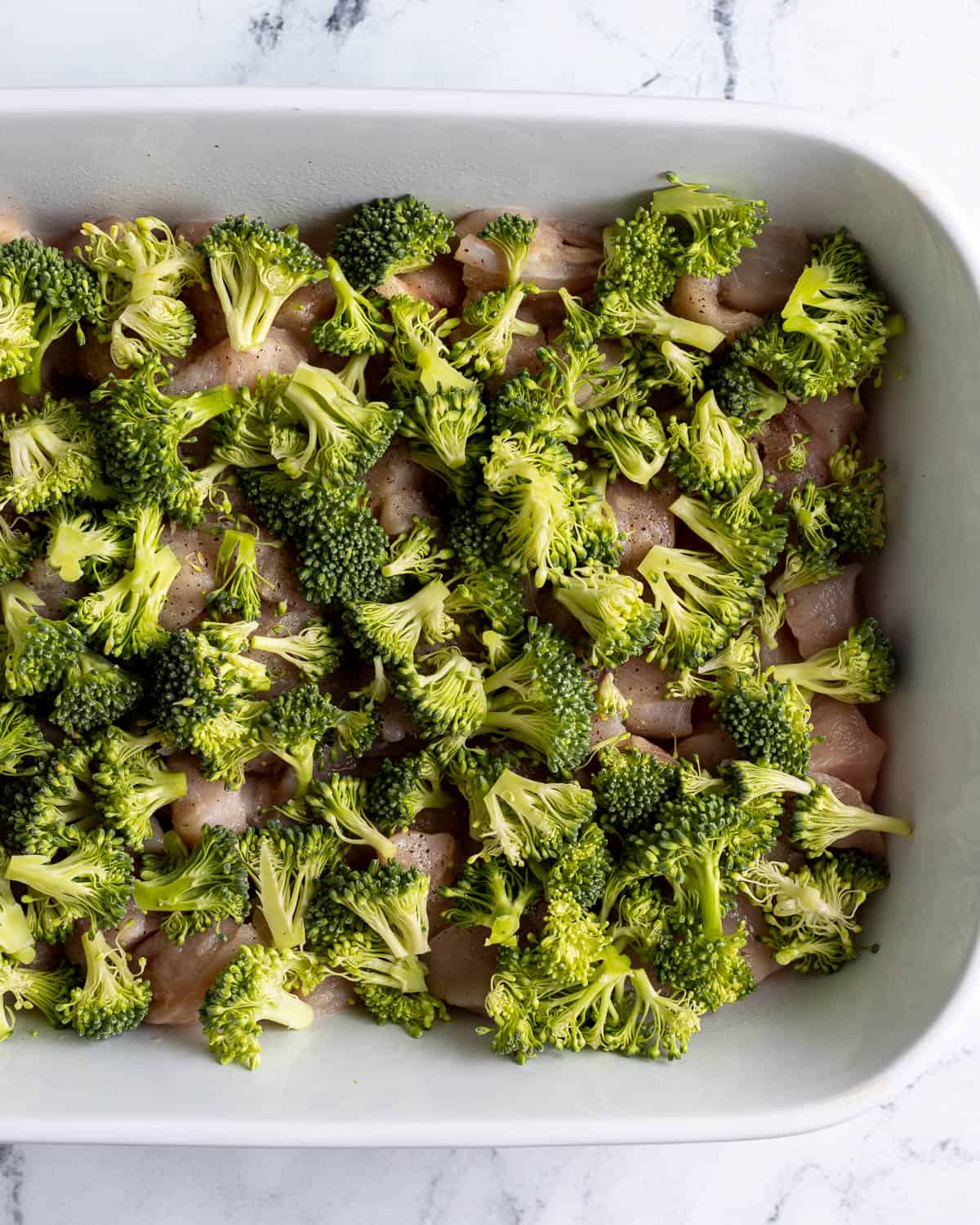Cubed chicken breast and broccoli florets layered in a baking dish.