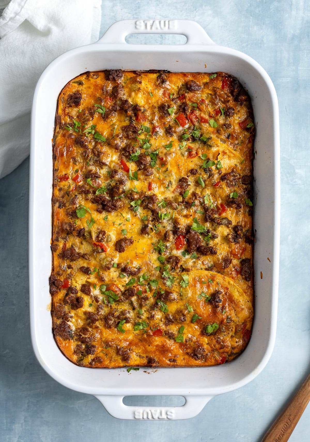 The baked chorizo green chile egg bake in a baking dish.