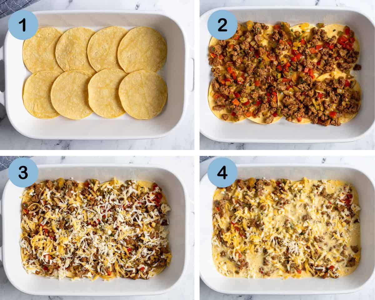 The layering process of the chorizo cottage cheese egg bake.