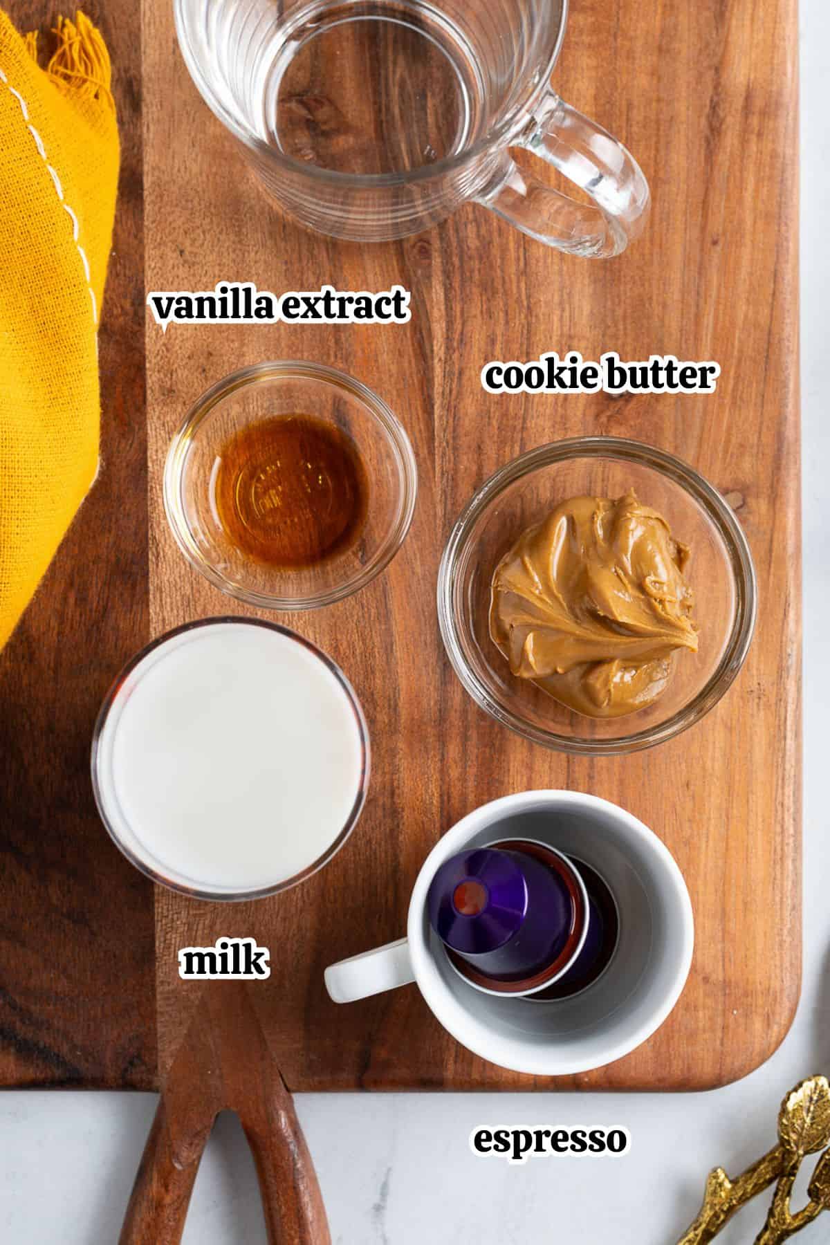 Four text-labeled latte ingredients: vanilla extract, cookie butter, milk, and espresso.