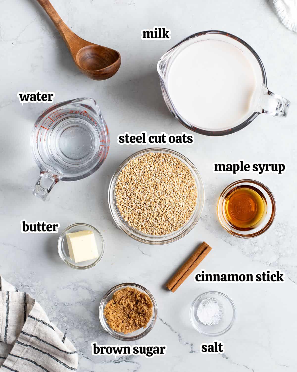 Text-labeled steel cut oats ingredients in separate bowls.
