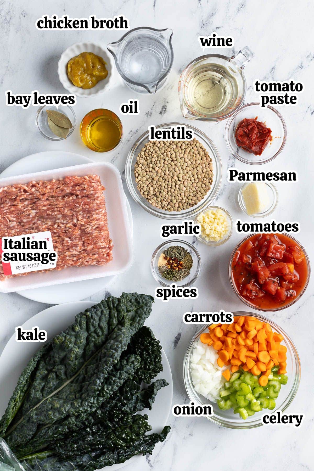Text-labeled soup ingredients in separate bowls.