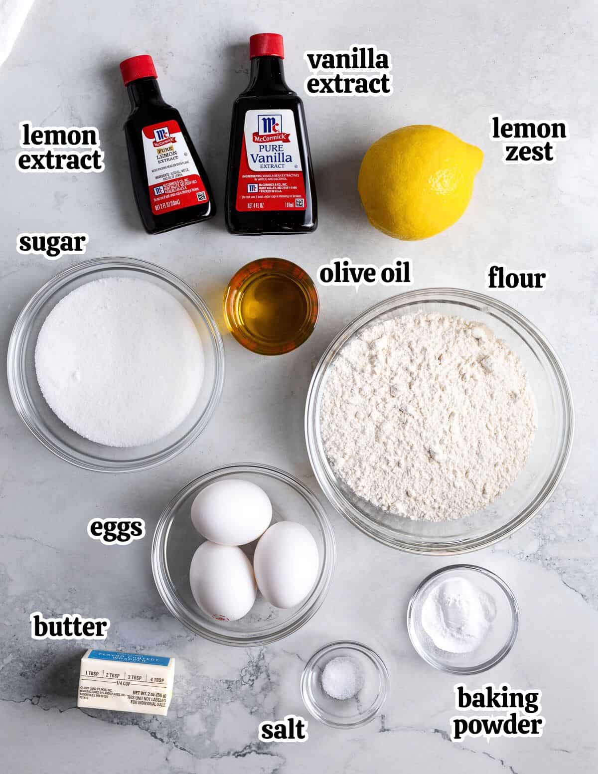 Text-labeled lemon pizzelle ingredients in separate bowls.