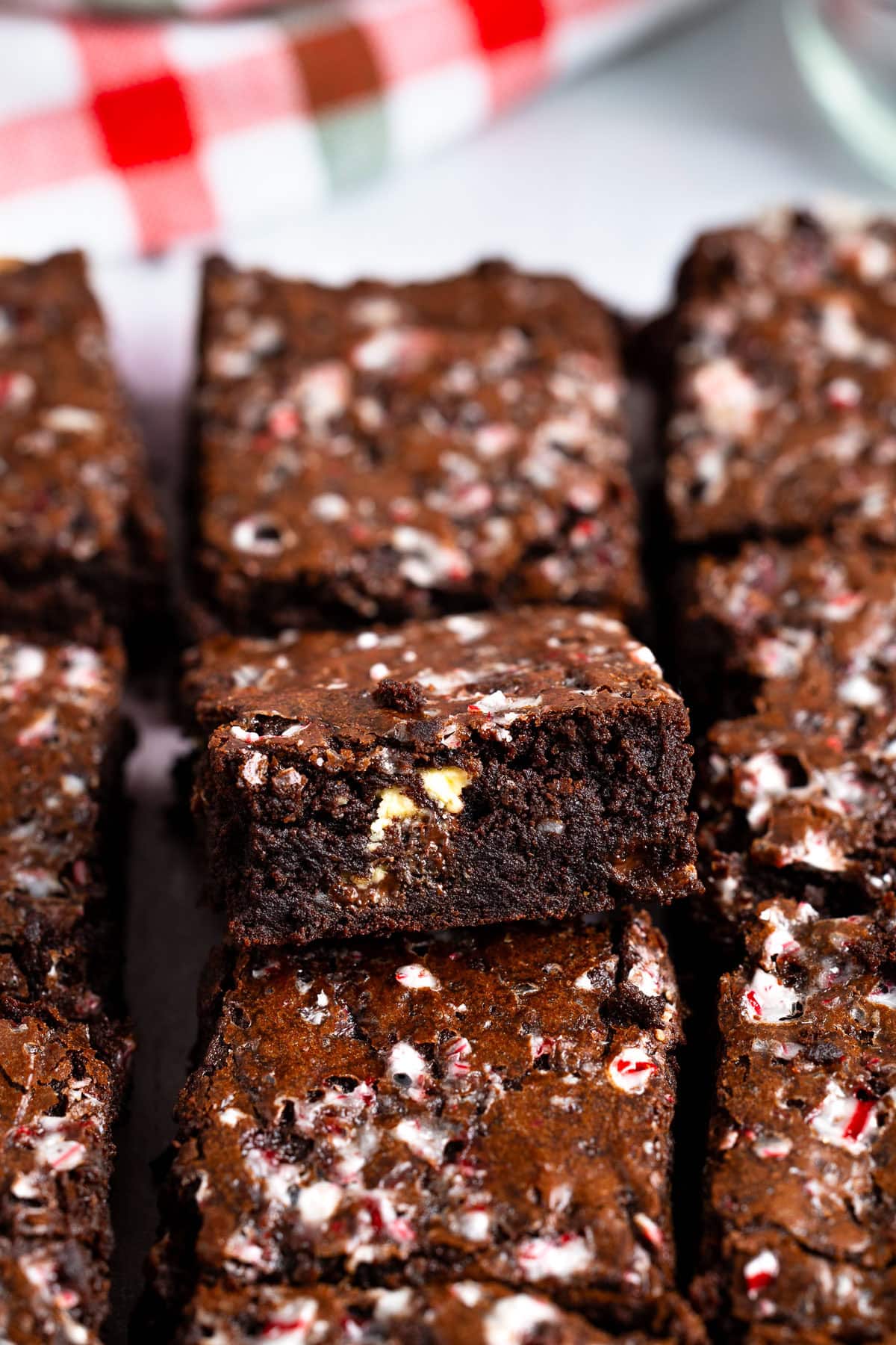 A tray of peppermint brownies showing the fudgy texture.