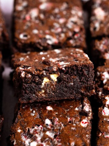 A tray of peppermint brownies showing the fudgy texture.