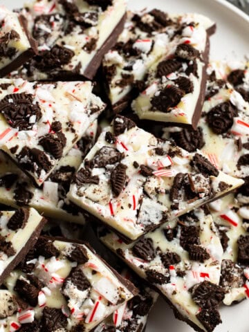 A serving plate of Oreo peppermint bark pieces.