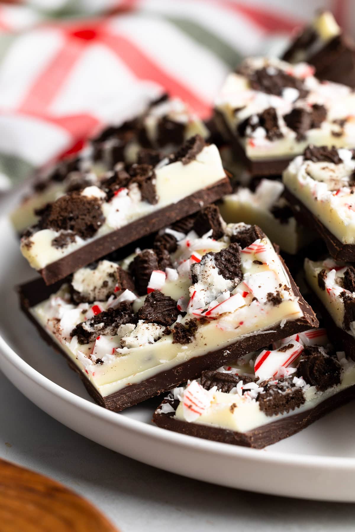 Pieces of Oreo peppermint bark on a plate.