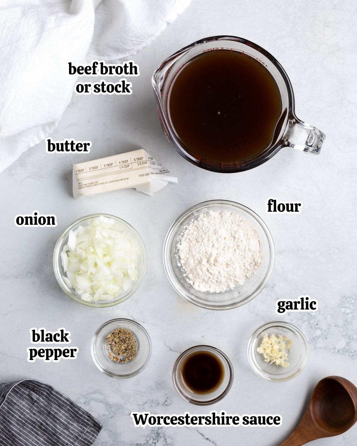 Text-labeled brown gravy ingredients in separate containers.