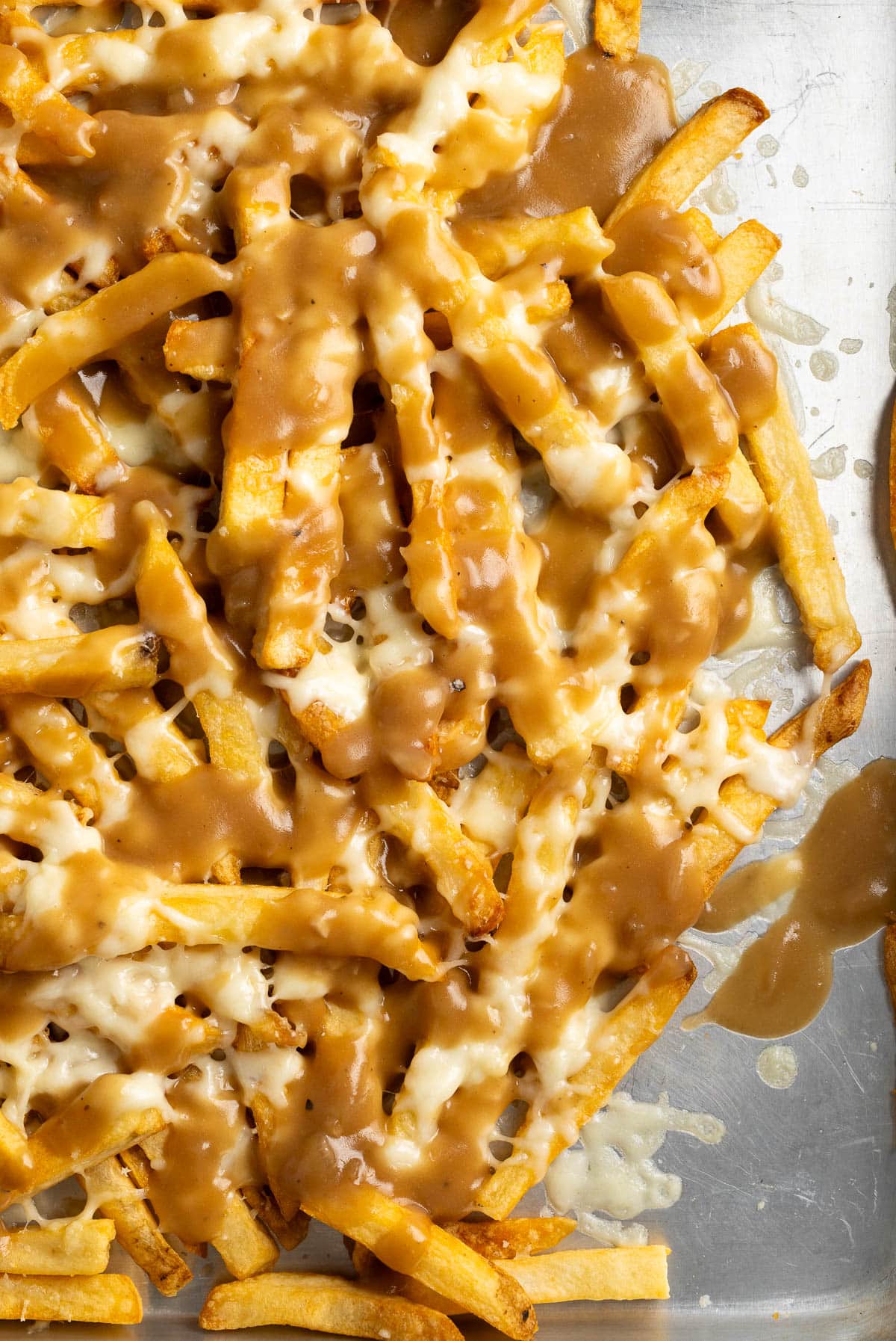 Brown gravy drizzled over cheese fries.
