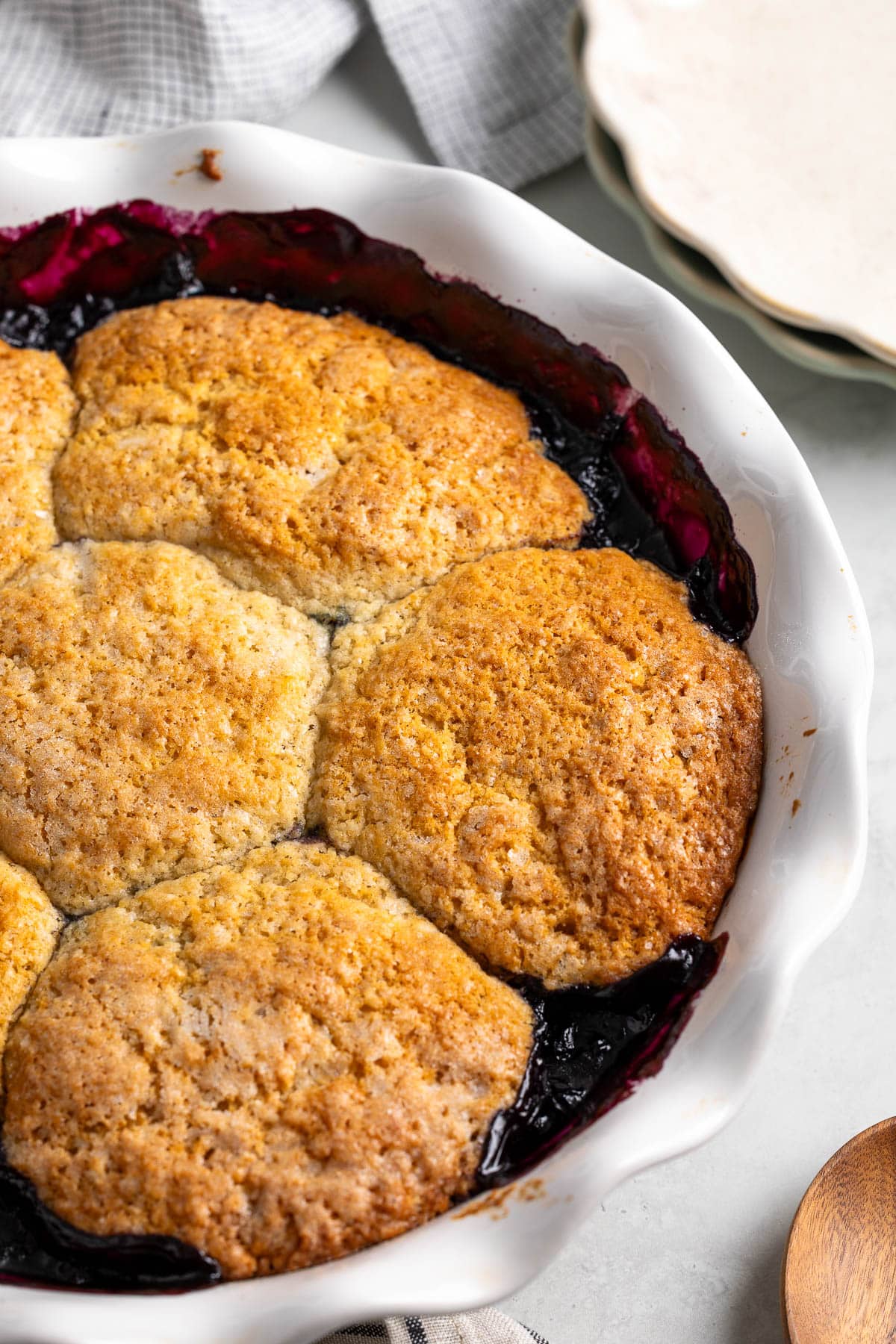 Baked frozen blueberry cobbler with a crisped golden brown crust.