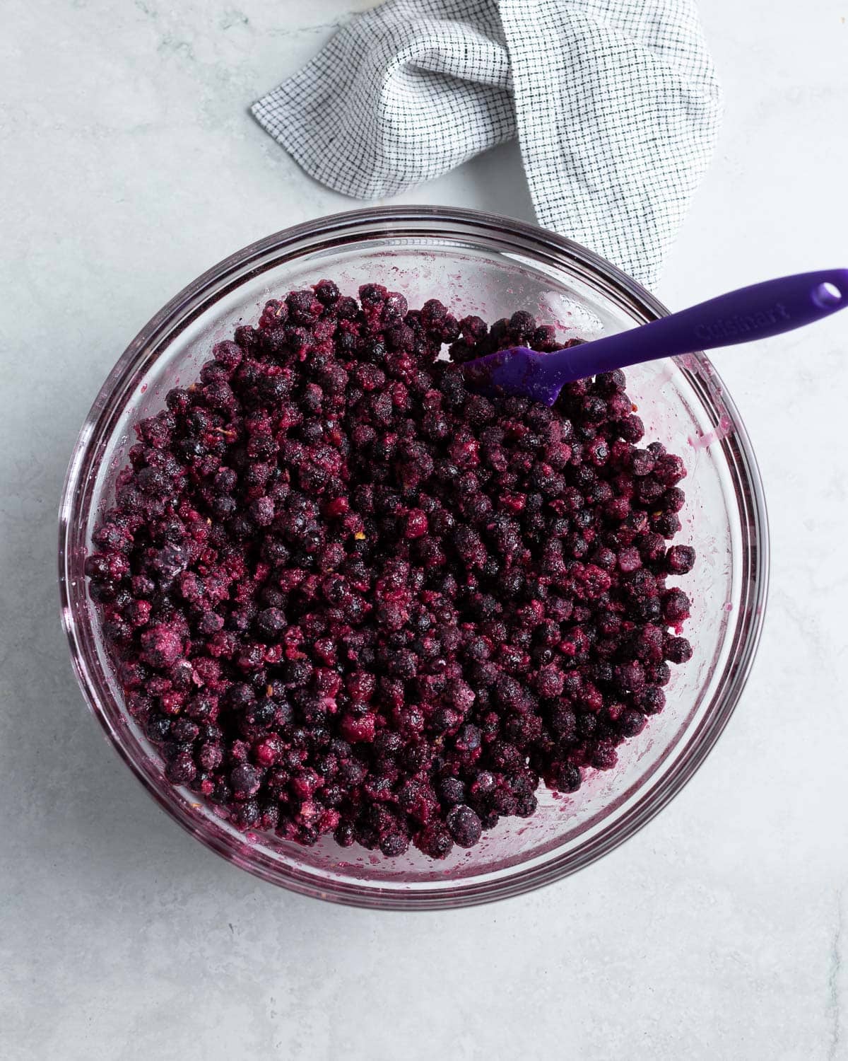 Frozen blueberries stirred together with sugar, cornstarch, lemon juice, and lemon zest.