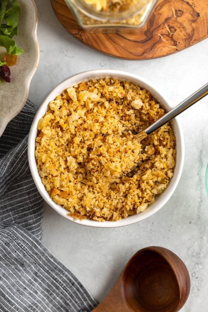 Golden toasted breadcrumbs in a bowl.