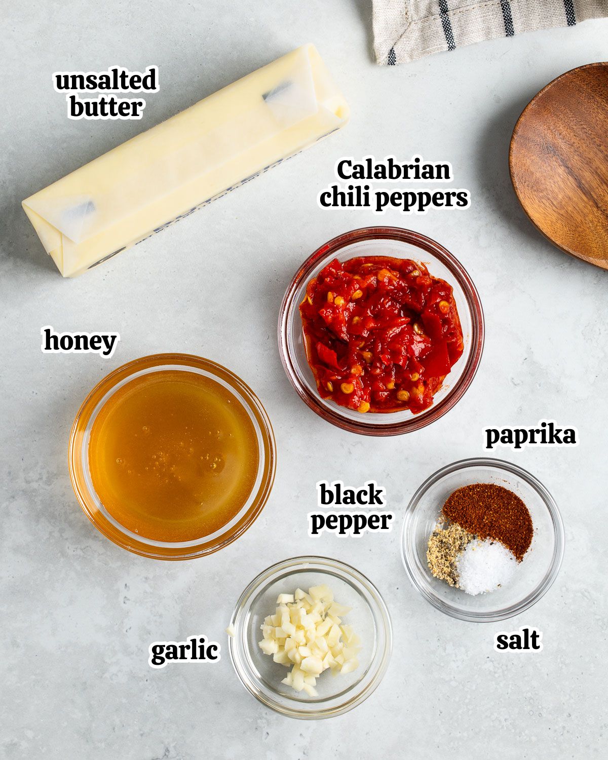 Hot honey butter ingredients labeled in separate containers.