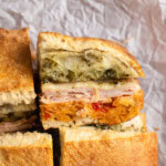 A side view of an end piece of ciabatta sandwich.
