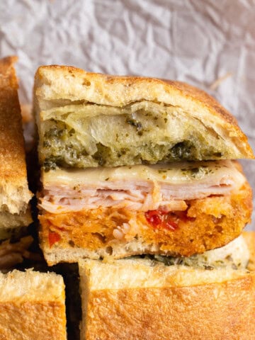 A side view of an end piece of ciabatta sandwich.