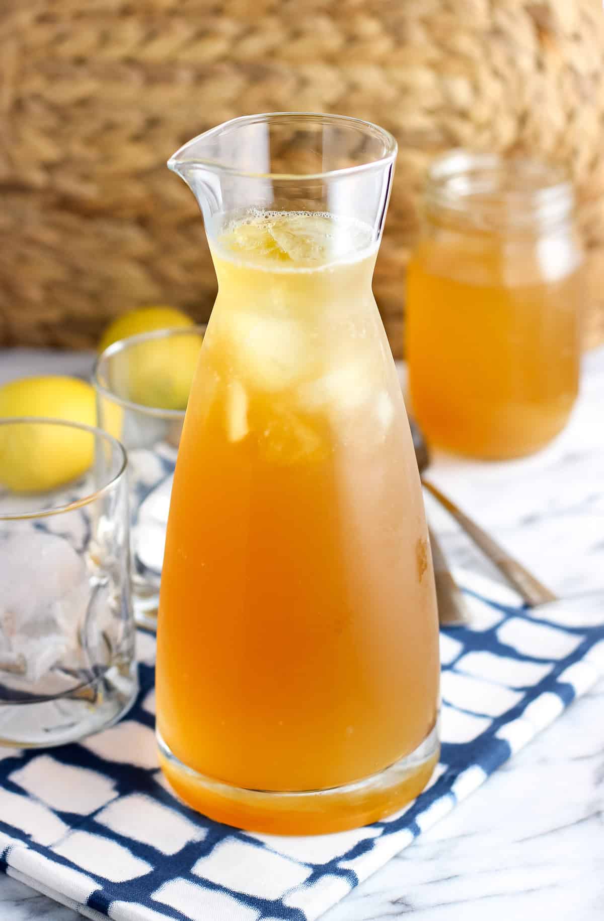 A carafe of iced tea ready to pour.