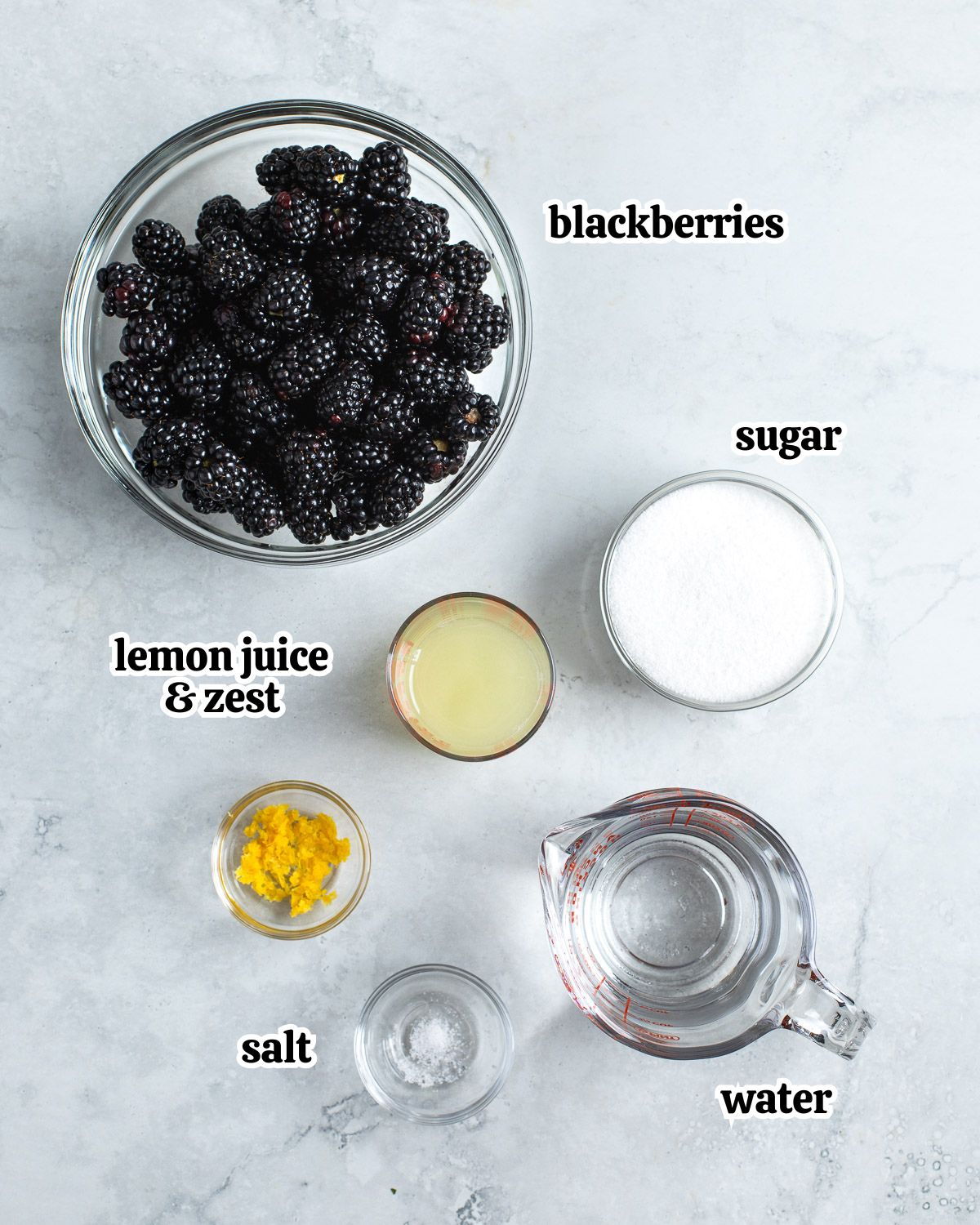 Labeled blackberry granita ingredients in separate containers.
