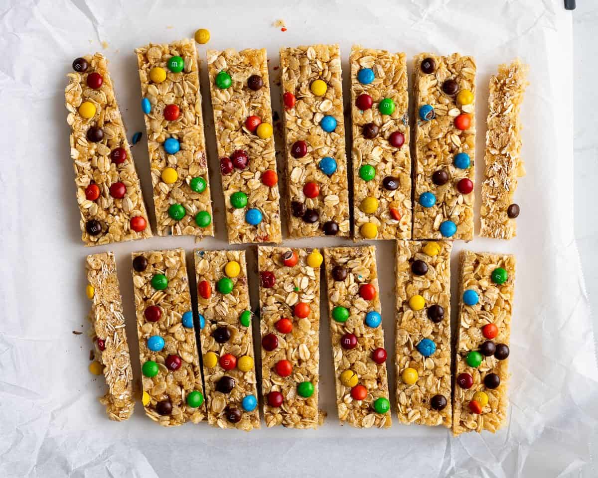 Sliced kudos bars before being dipped and drizzled in chocolate.