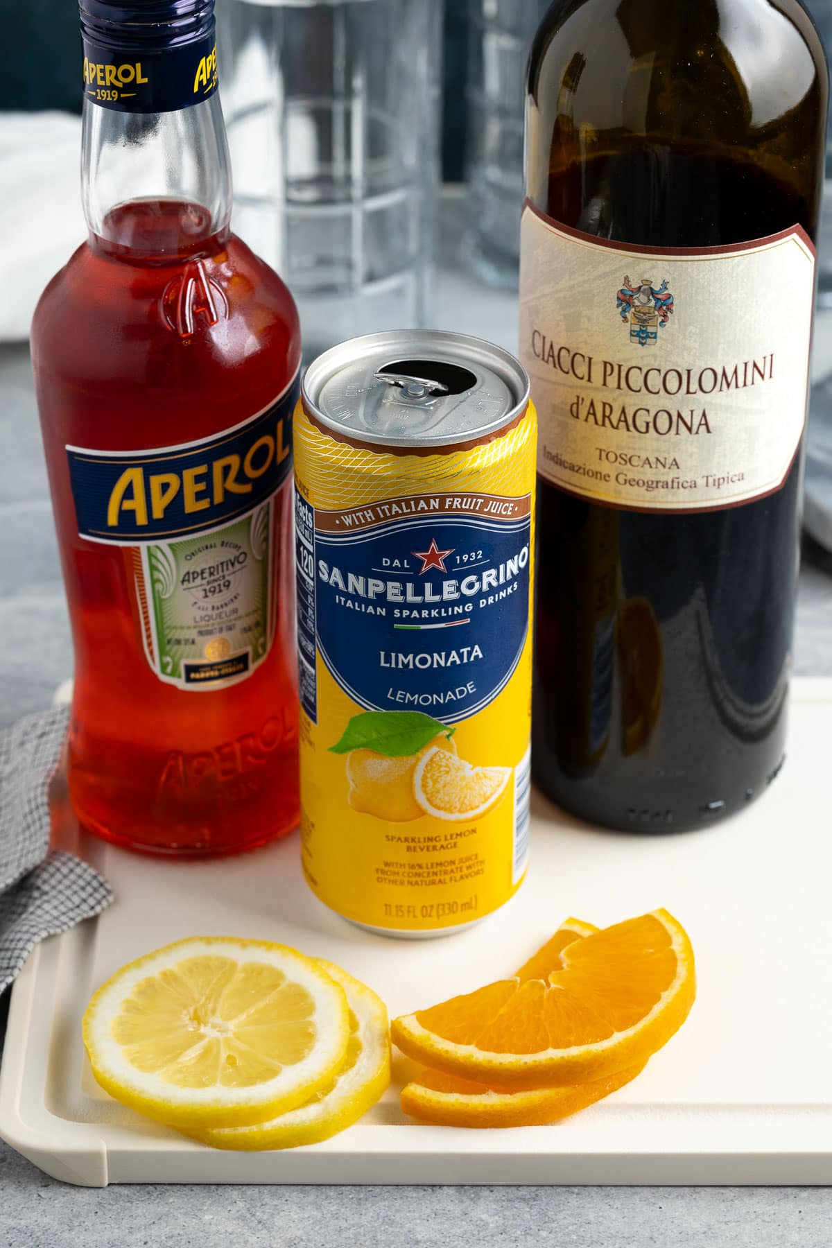 Drink ingredients on a cutting board.