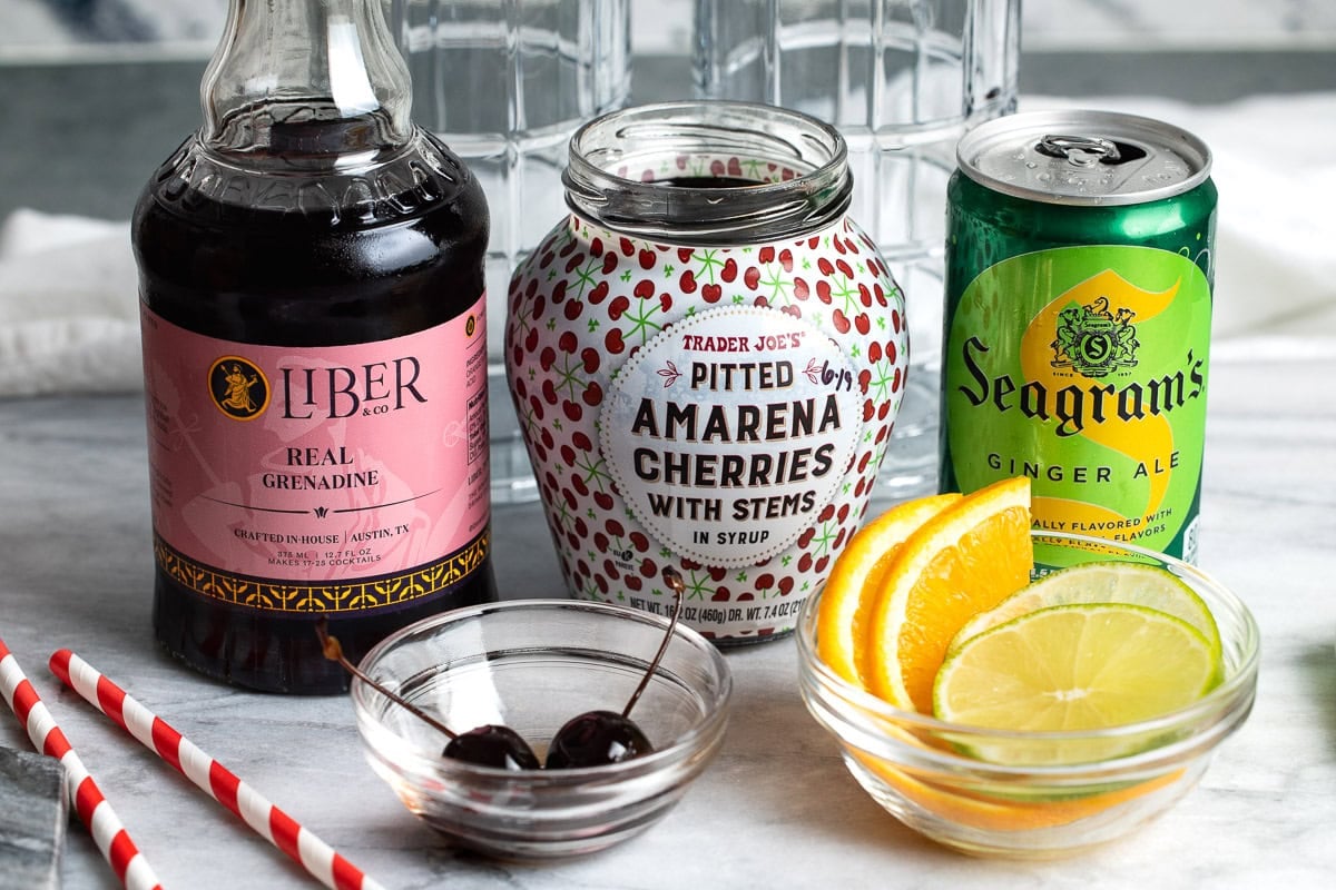 Ingredients needed to make good Shirley Temple mocktails.