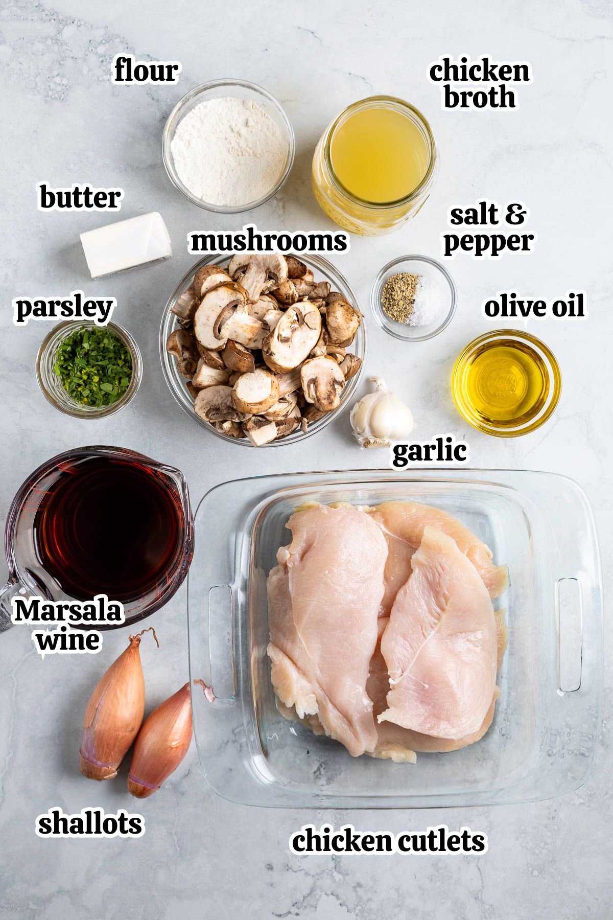 Text-labeled chicken marsala ingredients in separate containers.