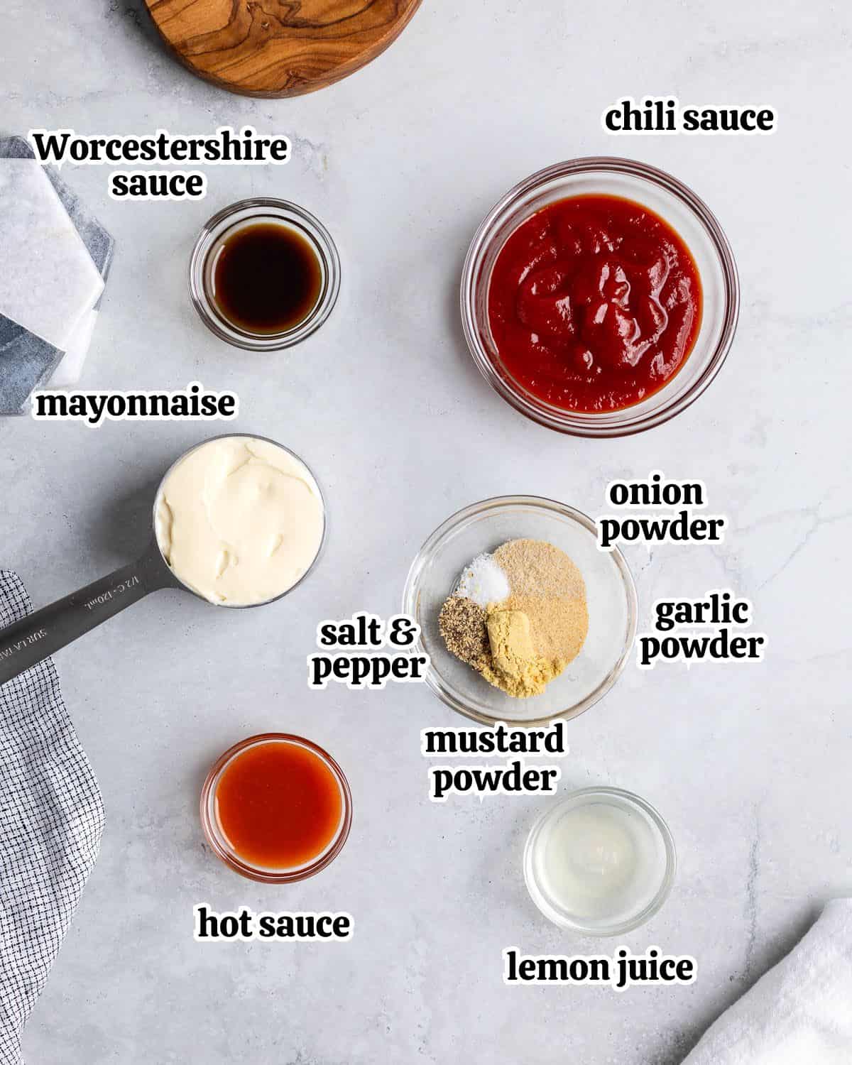 Text-labeled comeback sauce ingredients in small bowls.