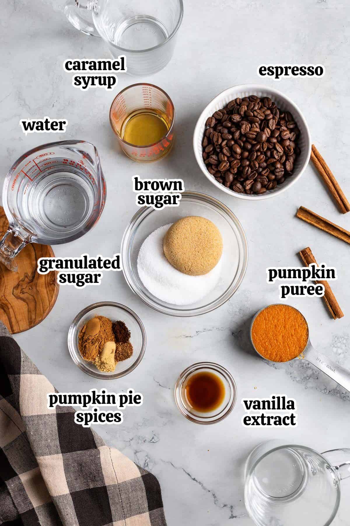Text-labeled latte ingredients in separate containers.