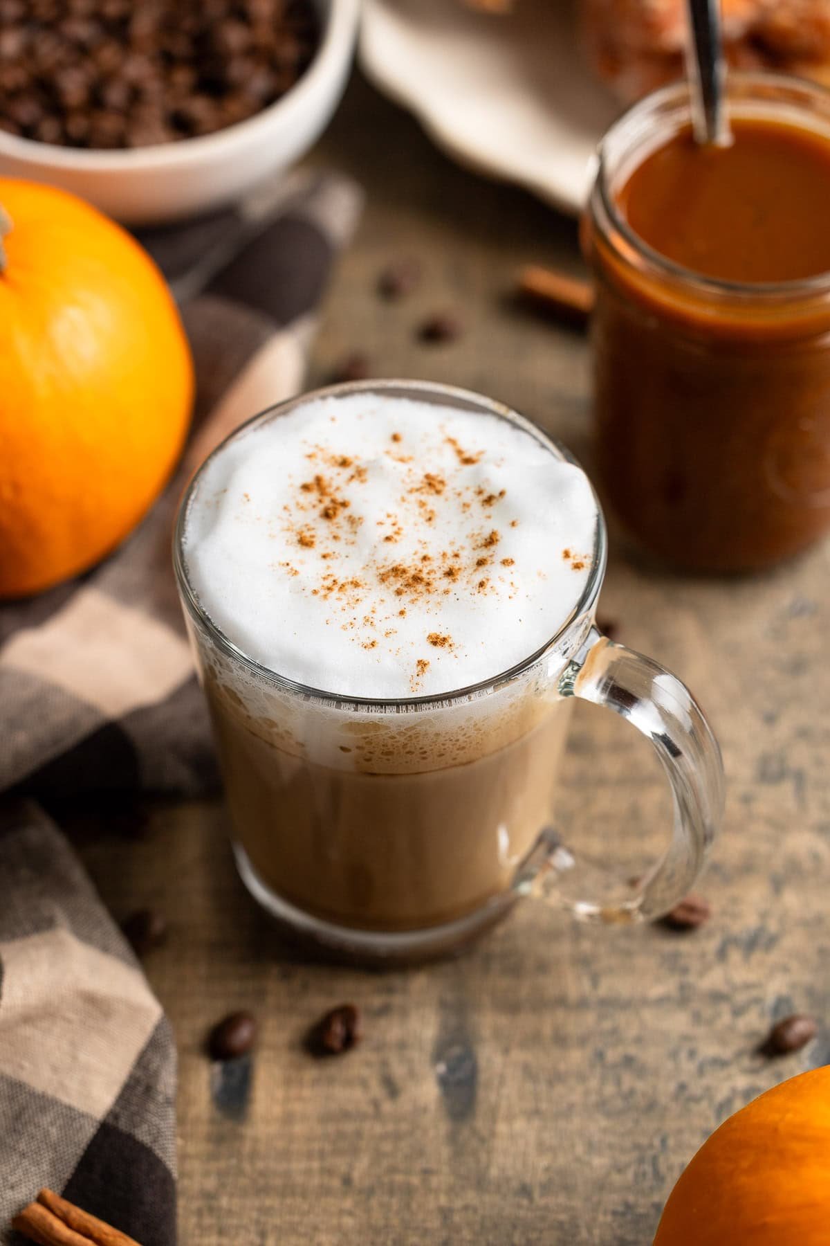 A homemade pumpkin spice latte made with maple pumpkin syrup.