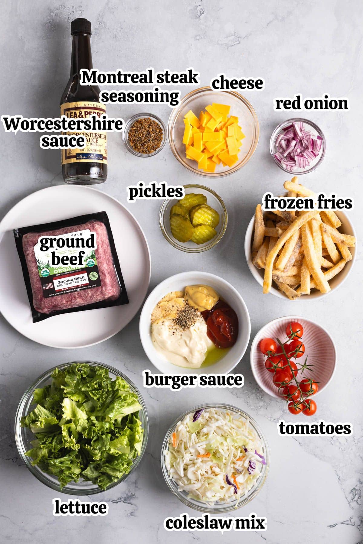 Text-labeled burger bowl ingredients in separate containers.