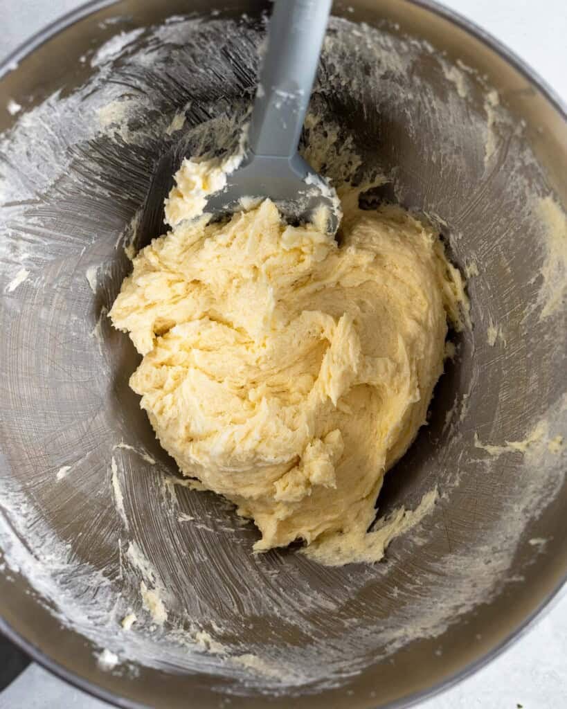 Cookie dough in a bowl before adding the dry ingredients.