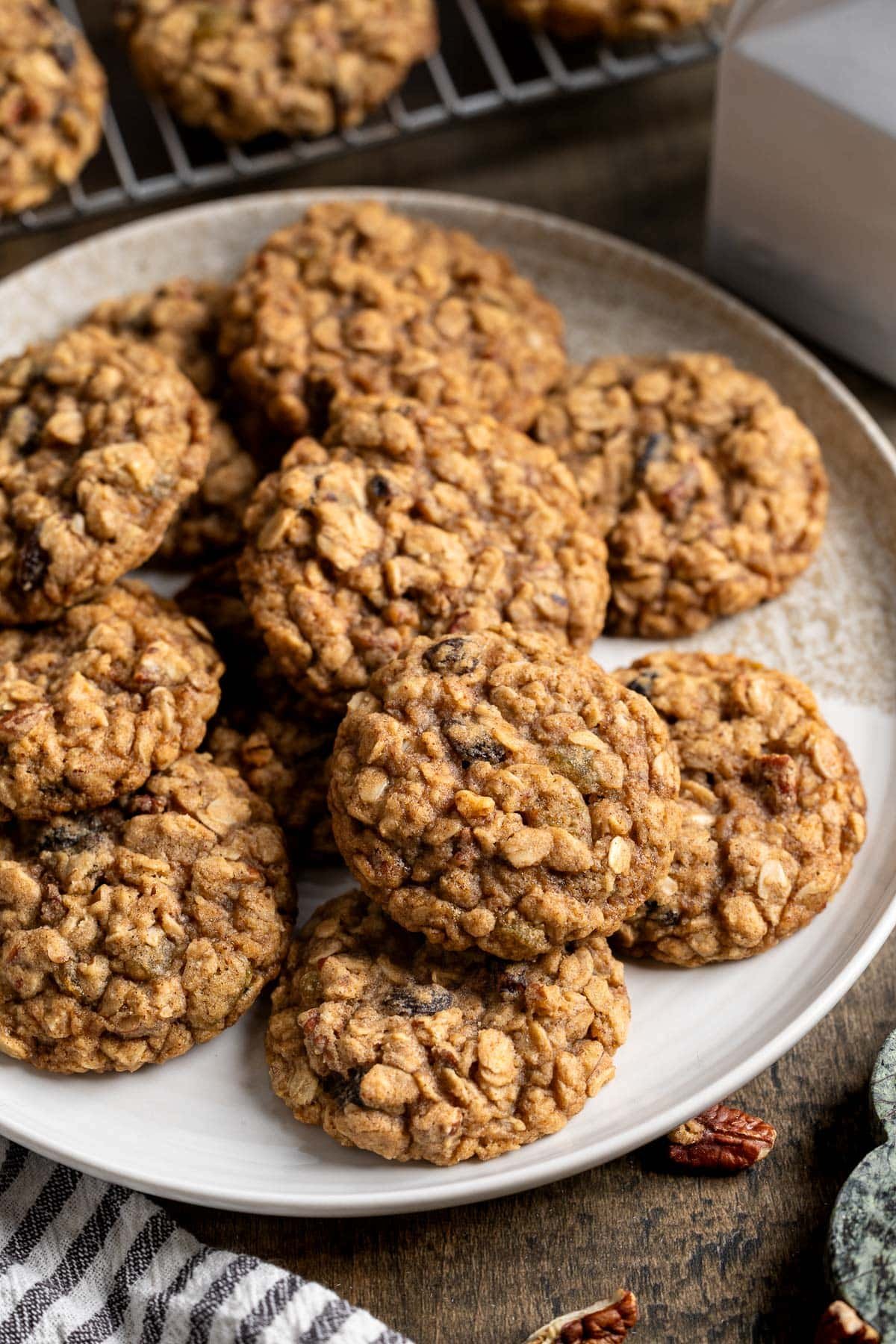 A plate of brown butter oatmeal raisin cookies.
