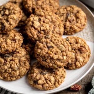 A plate of brown butter oatmeal raisin cookies.