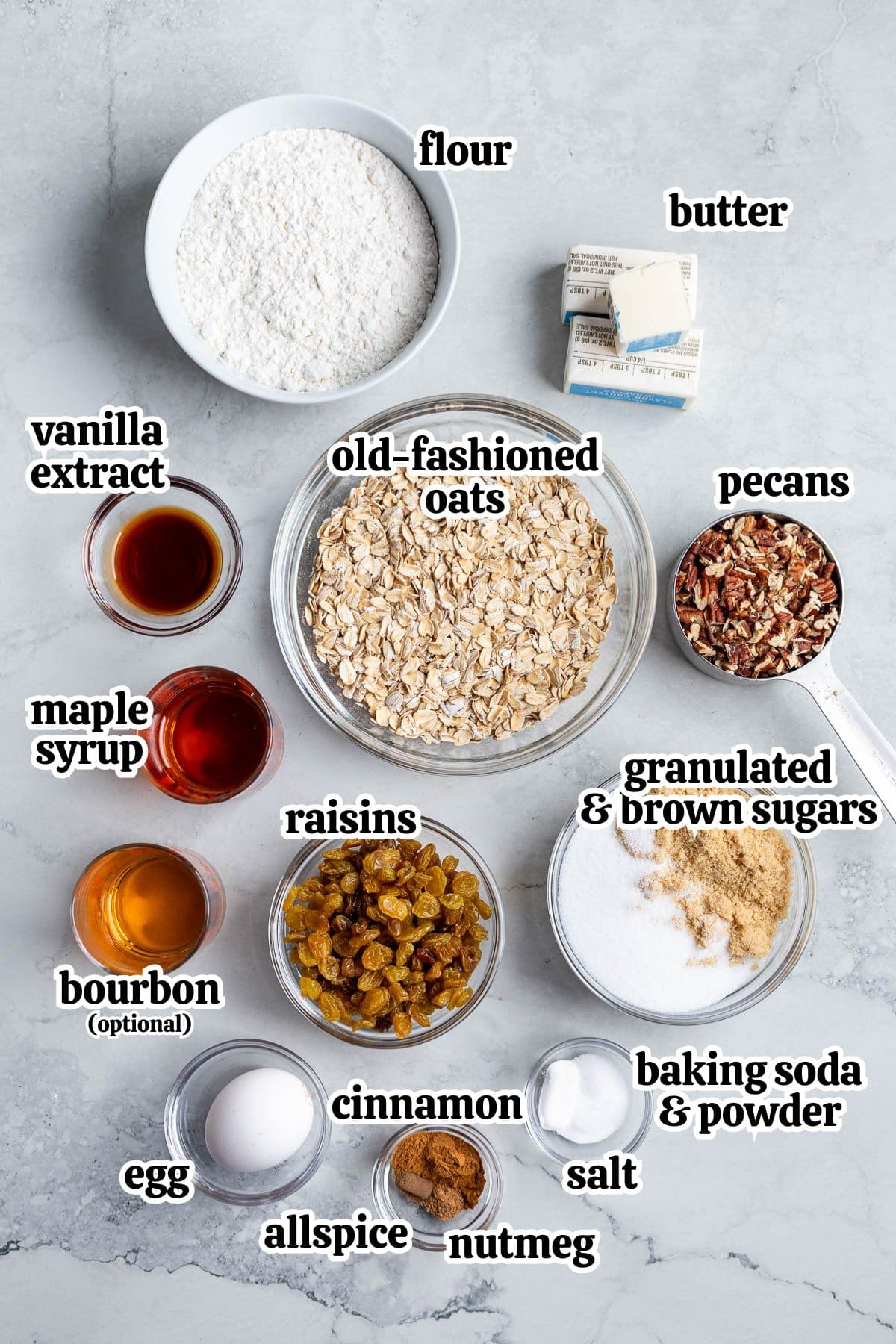 Text-labeled ingredients needed to make brown butter oatmeal raisin cookies.