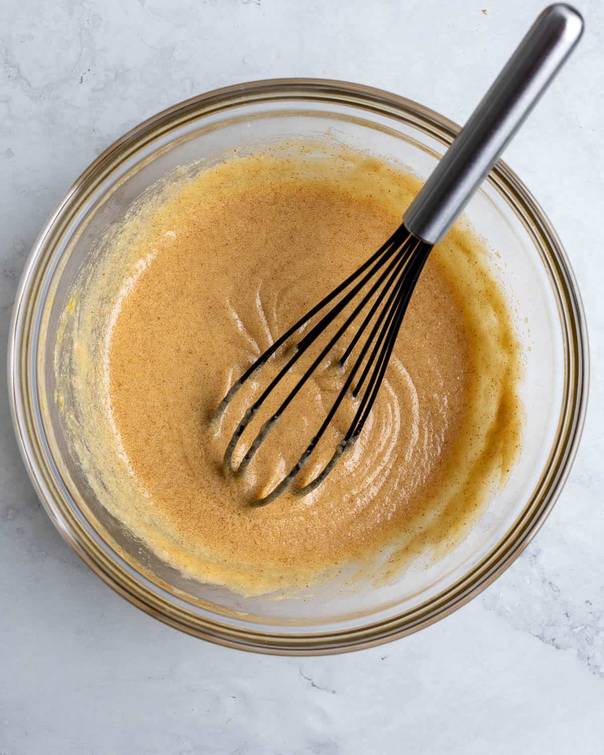 The rest of the wet ingredients whisked into the sugars/butter in a bowl.