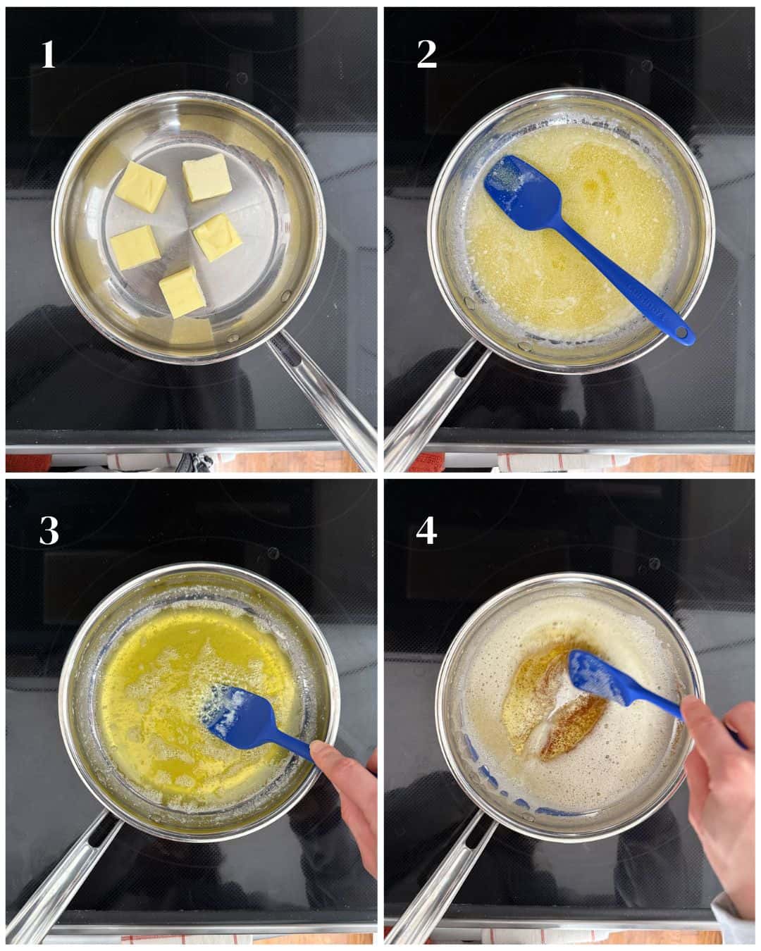 The stages of making brown butter in a stainless steel skillet.